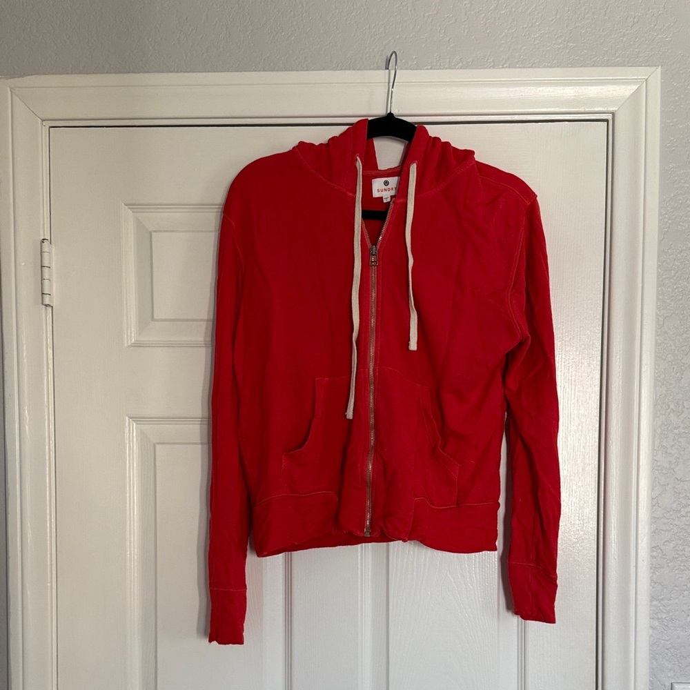 Sundry Red Zip-Up Hoodie with White Drawstrings